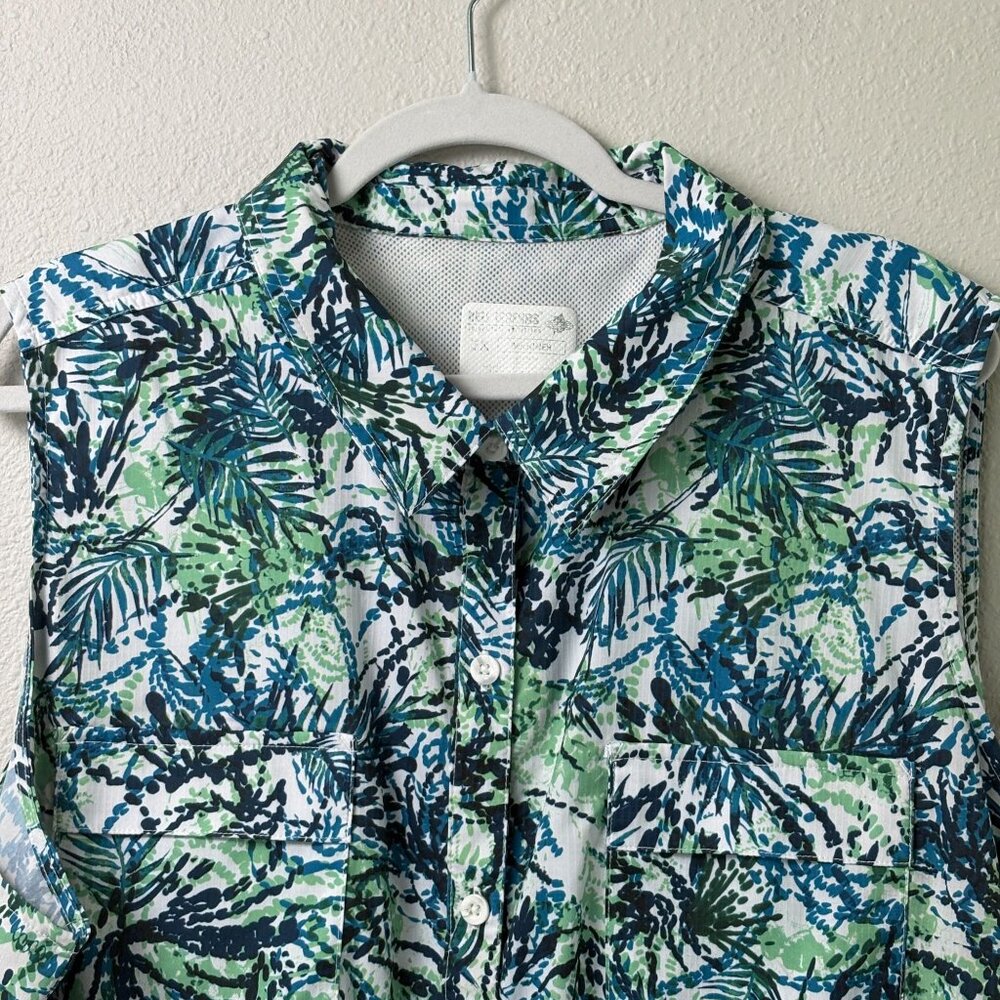 Reel Legends Mariner Sleeveless Top 2X Blue Green Floral Button Up Fishing - Picture 2 of 7